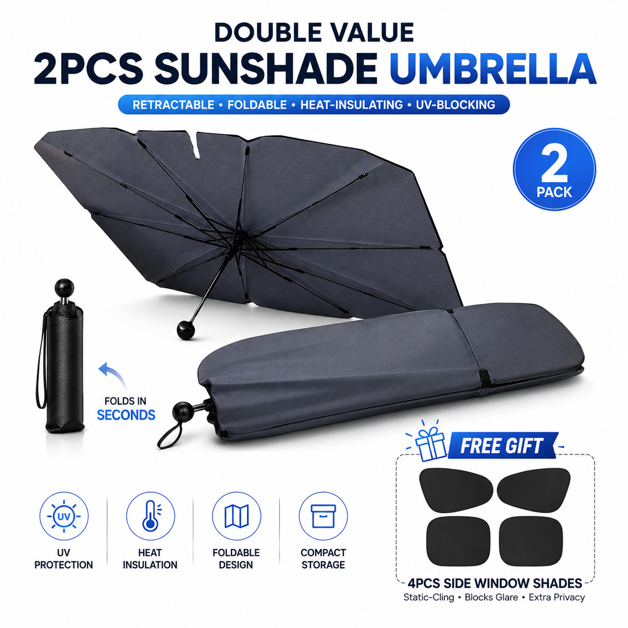 ☀️Car Sunshade – Effective Heat Insulation, UV Block & Easy Foldable Auto Windshield Protector