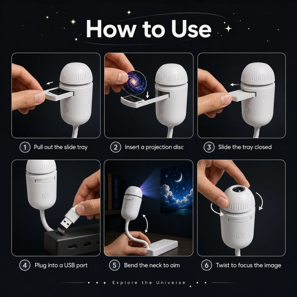 12-Scene USB Galaxy Projector – Flexible Star & Mood Light