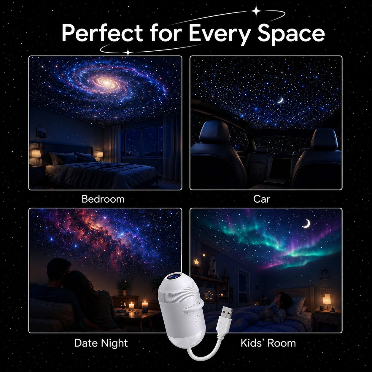 12-Scene USB Galaxy Projector – Flexible Star & Mood Light