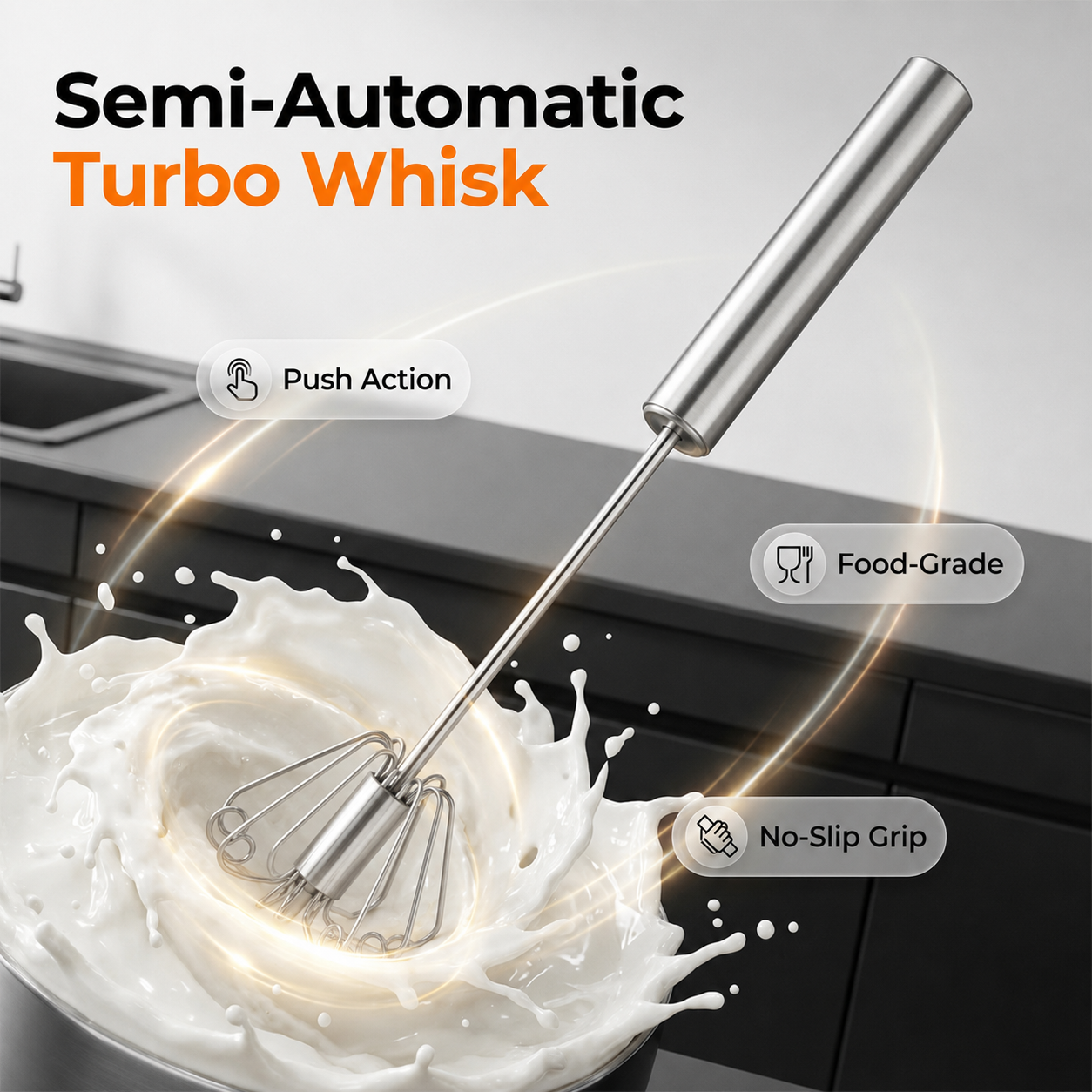 🍰⚡ Stainless Steel Semi-Automatic Hand Whisk – 🥄 Push-down design that whips up perfect froth in minutes 🥛