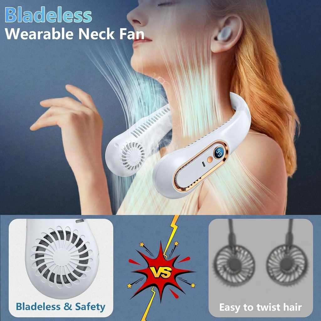 Upgrade 360° Cooling Bladeless Neck Fan with Digital Display, 4000mAh Quiet Wearable Fan