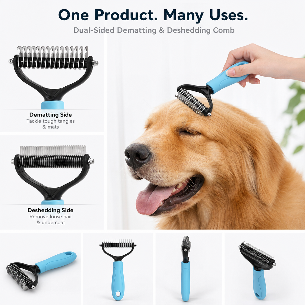 Dual-Sided Pet Grooming Comb – Painless Dematting & Shed Reduction