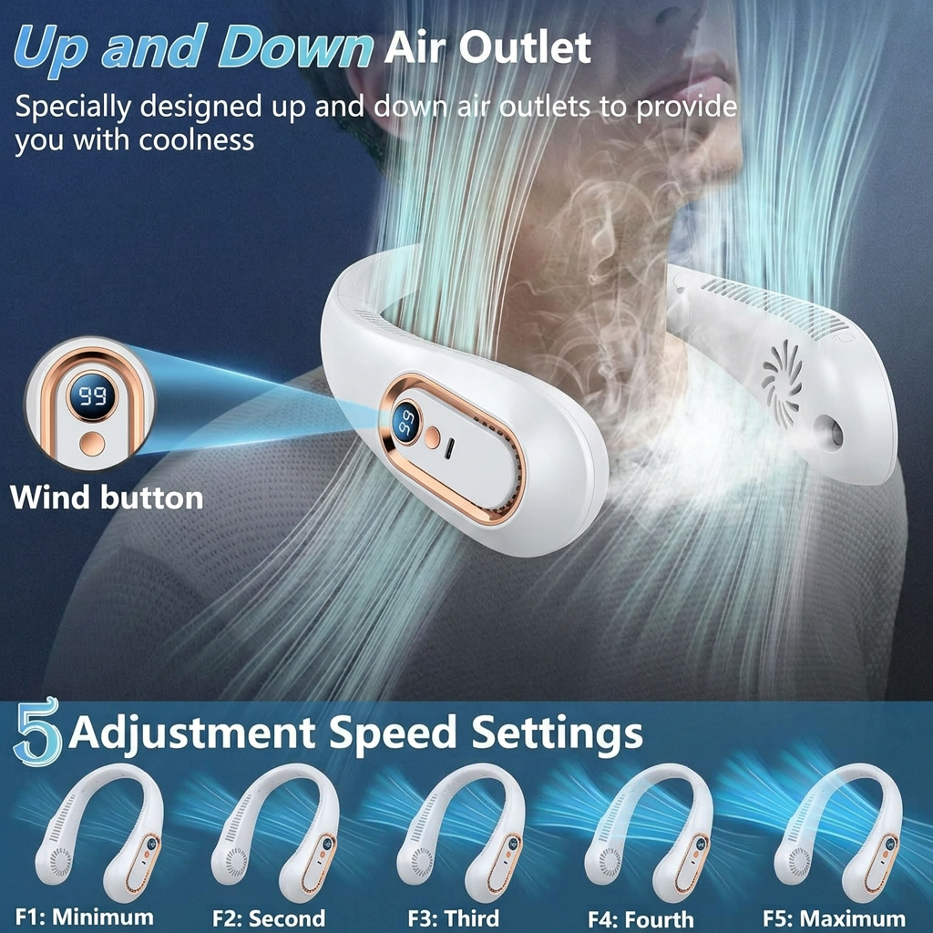 Upgrade 360° Cooling Bladeless Neck Fan with Digital Display, 4000mAh Quiet Wearable Fan