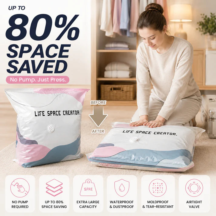 🛏️No-Pump Vacuum Bags – Save 80% Space, Keep Clothes Dry & Dust-Free, for Bedding & Gear