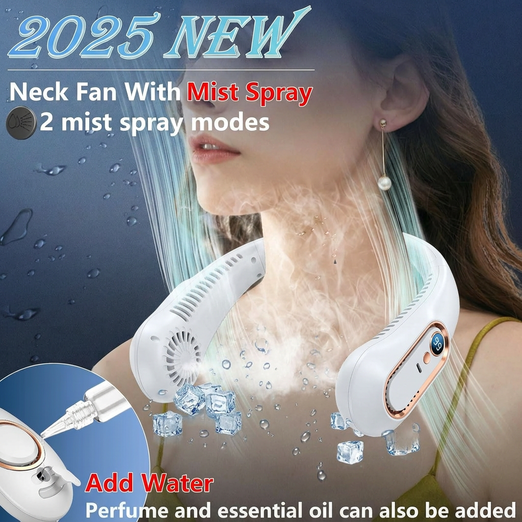 Upgrade 360° Cooling Bladeless Neck Fan with Digital Display, 4000mAh Quiet Wearable Fan