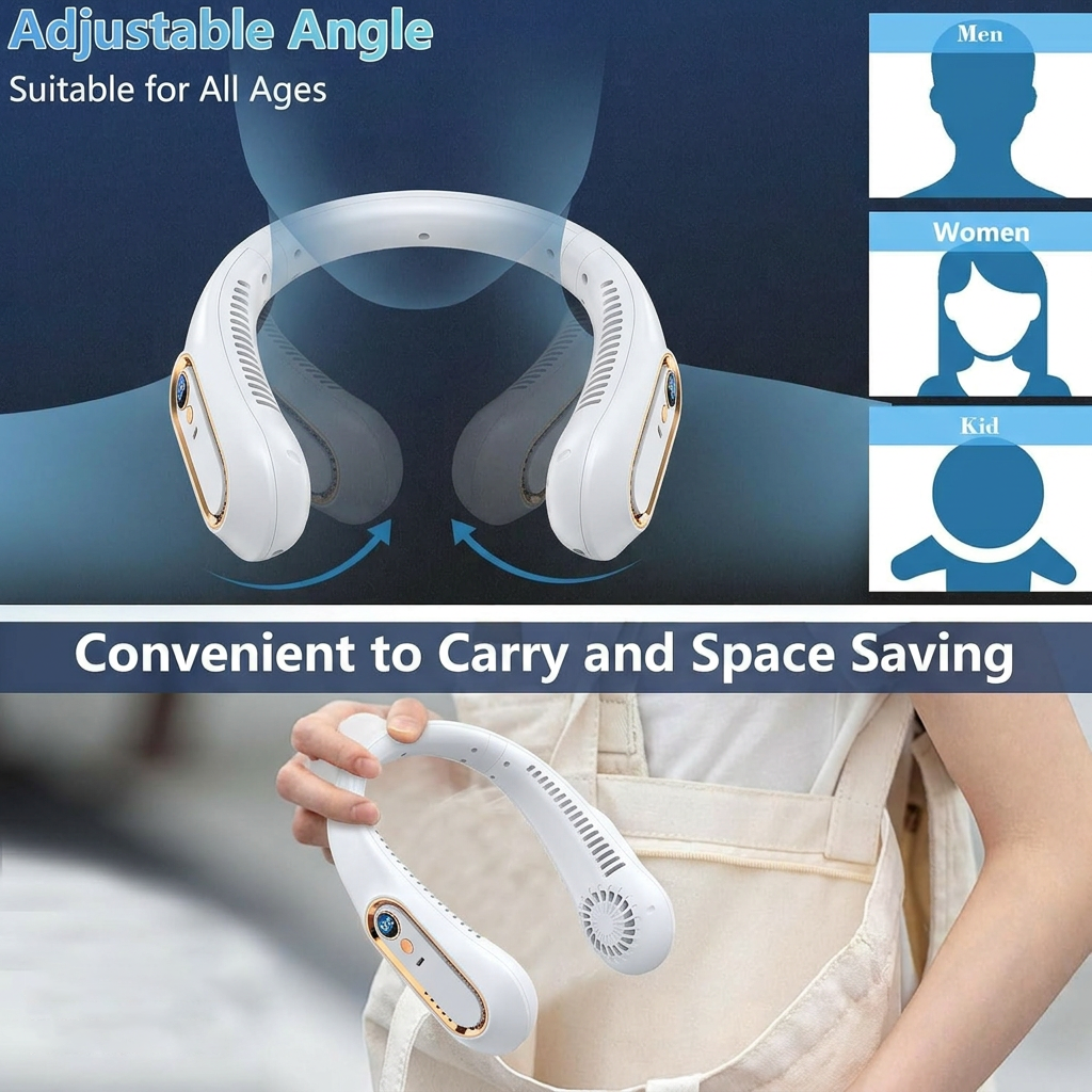 Upgrade 360° Cooling Bladeless Neck Fan with Digital Display, 4000mAh Quiet Wearable Fan