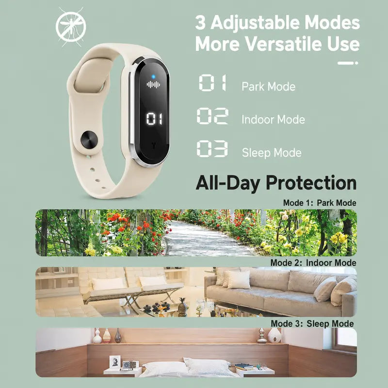 Ultrasonic Mosquito Repellent Wristband – Rechargeable, Silicone, for Outdoor & Camping