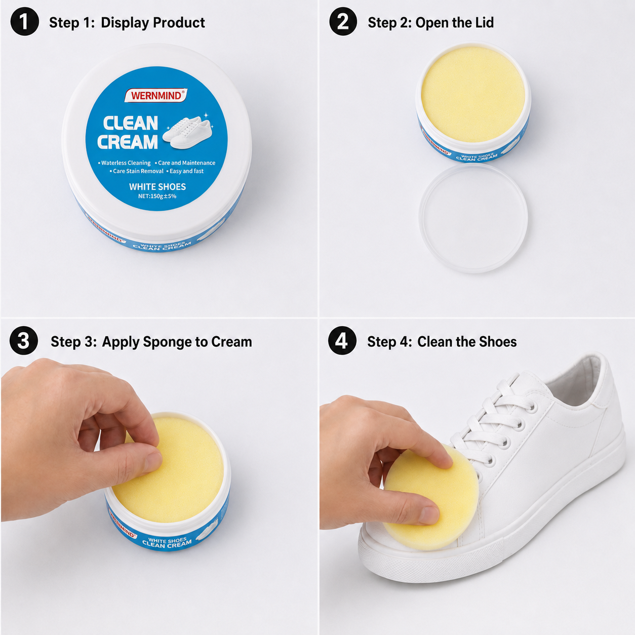 White Shoe Cleaner Cream Multipurpose No-Wash Solid Cleaner with Sponge Stain-Removing for Leather Silicone Car Interiors Sneaker Footwear Care