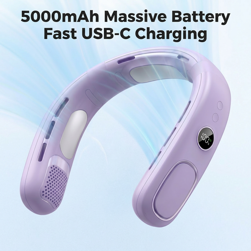 Portable Neck Fan, Hands Free Bladeless Fan, 5 Speeds, 4000 mAh Battery Operated Wearable Personal Fan, Twistable, Rechargeable