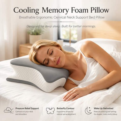 VIPfree Cooling Memory Neck Pillow, Adjustable Ergonomic Memory Foam Neck Pillows, Cervical Support, Breathable & Removable Pillowcase