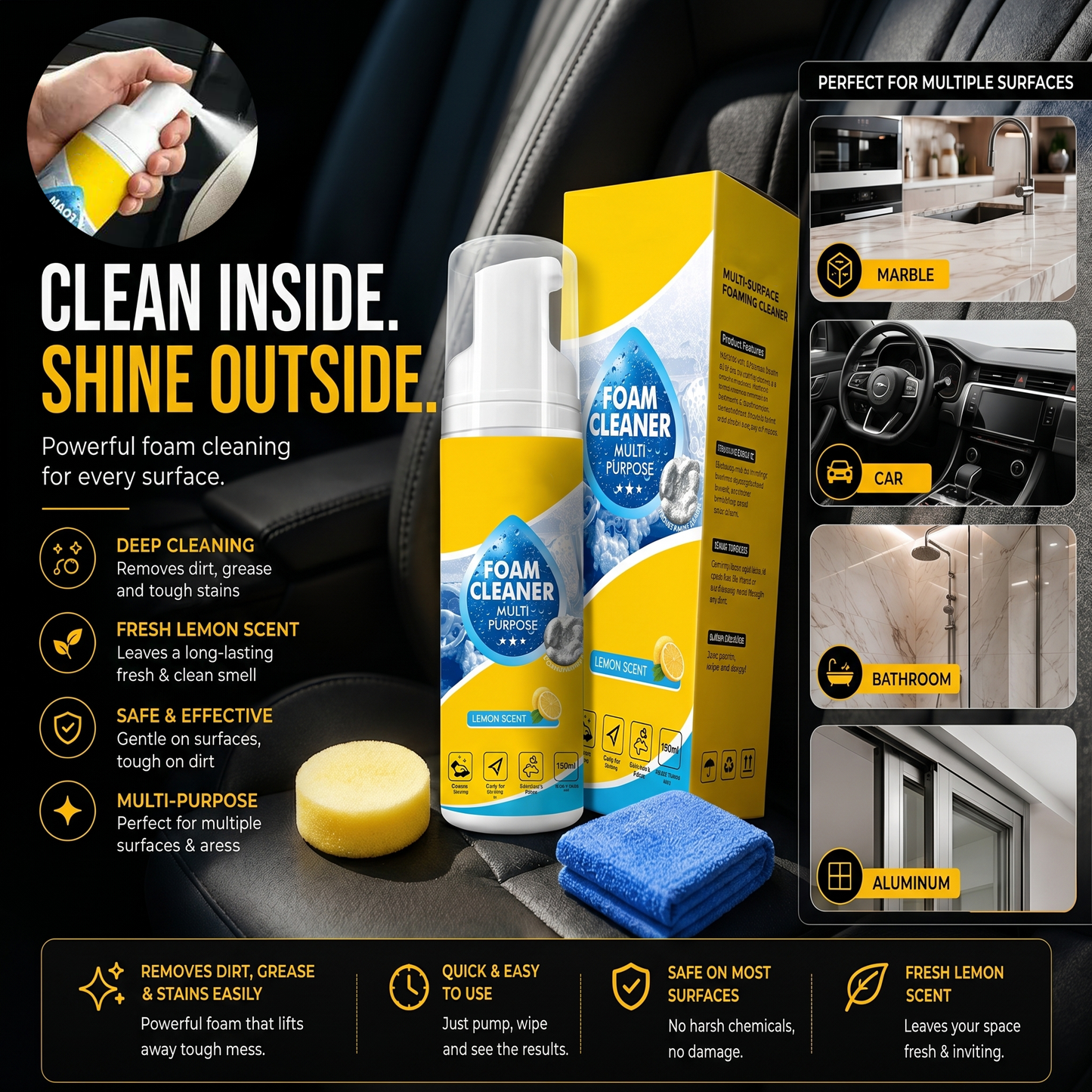 ⚡Limited Stock!!!🔥Last Day 60% OFF🔥 Foam No-Rinse Cleaner — Spray, Wipe & Done