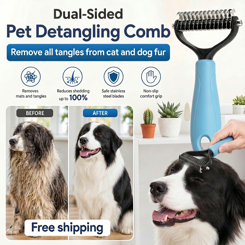 Dual-Sided Pet Grooming Comb – Painless Dematting & Shed Reduction